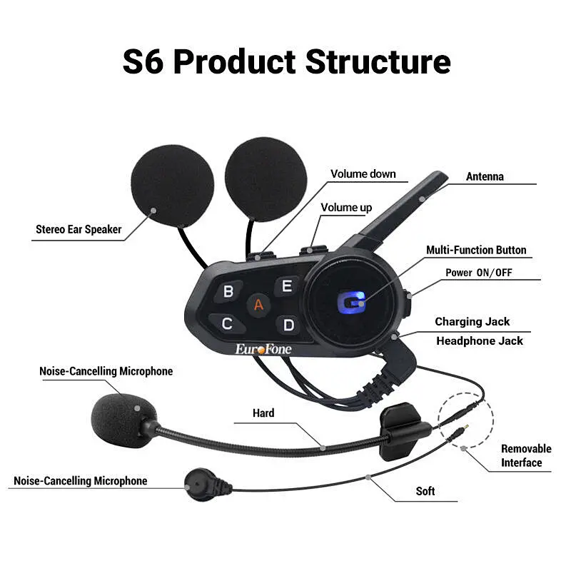 6 Riders 1200m S6 Casco de motocicleta Interfono Bluetooth Intercomunicador Auriculares Walkie talkie para jinetes Intercomunicador de auriculares bluetooth