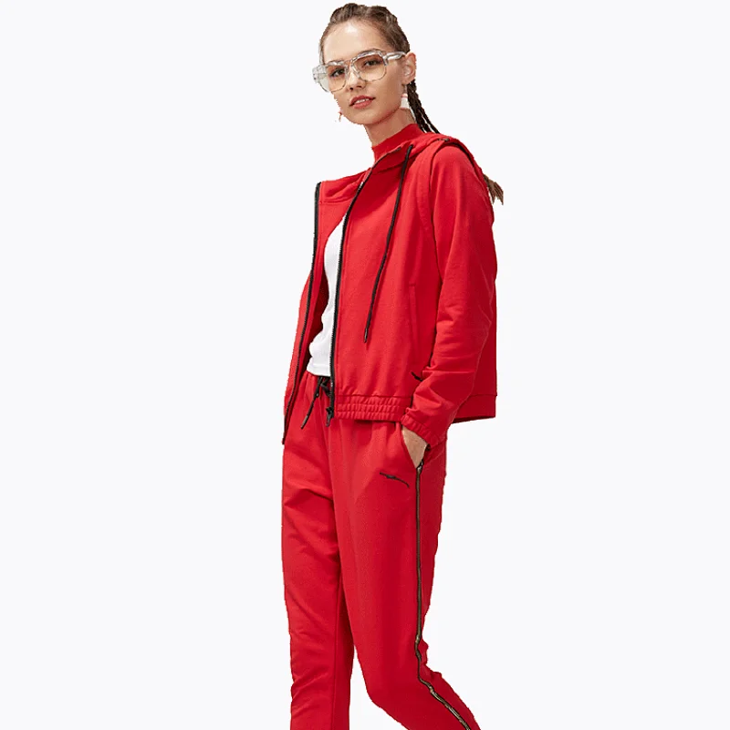 Wholesale OEM Red Fitted Sweatsuit Tracksuit Zipper Hooded Jogging Women Jogger jacket