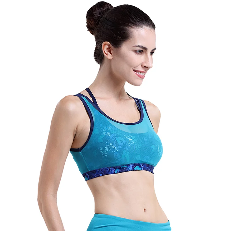 2020 sexy sublimation printed transparent powermesh yoga top bra women high quality spider net back Strap Sports Bra Set