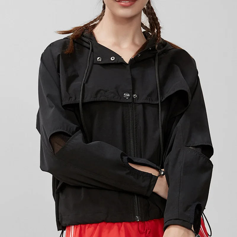 Women's lightweight solid color large casual sports fashion stitching hollow open zipper jacket