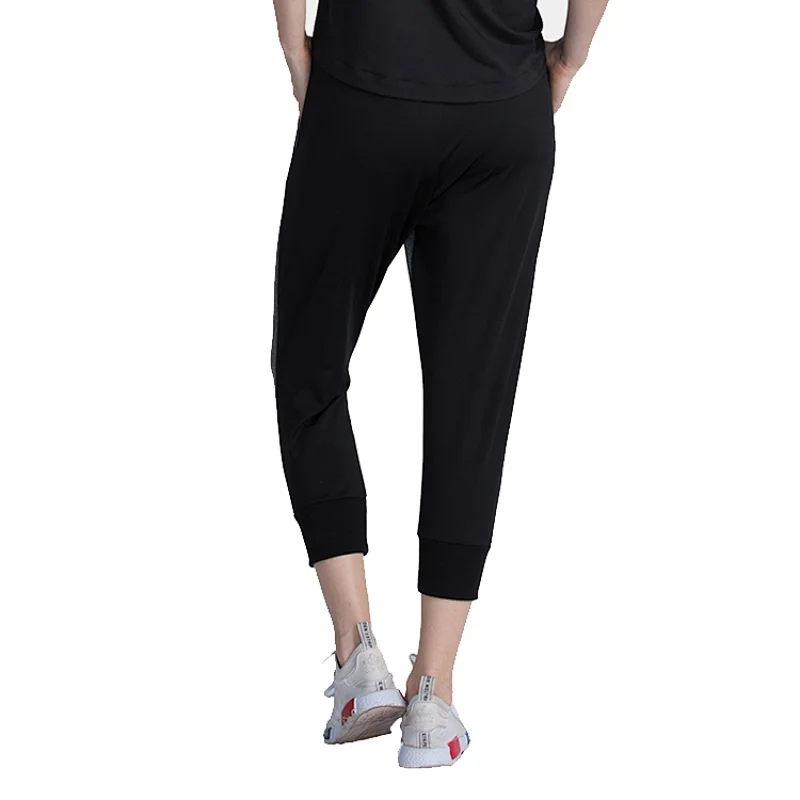 Wholesales custom elastic drawing cord  waistband viscose capri pants women cropped trousers with side pockets