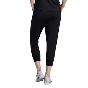Wholesales custom elastic drawing cord  waistband viscose capri pants women cropped trousers with side pockets