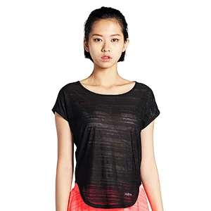 Wholesales loose t shirts for ladies running yoga fitness wear with stripe polyester solid color  sportswear