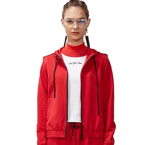 Wholesale OEM Red Fitted Sweatsuit Tracksuit Zipper Hooded Jogging Women Jogger jacket
