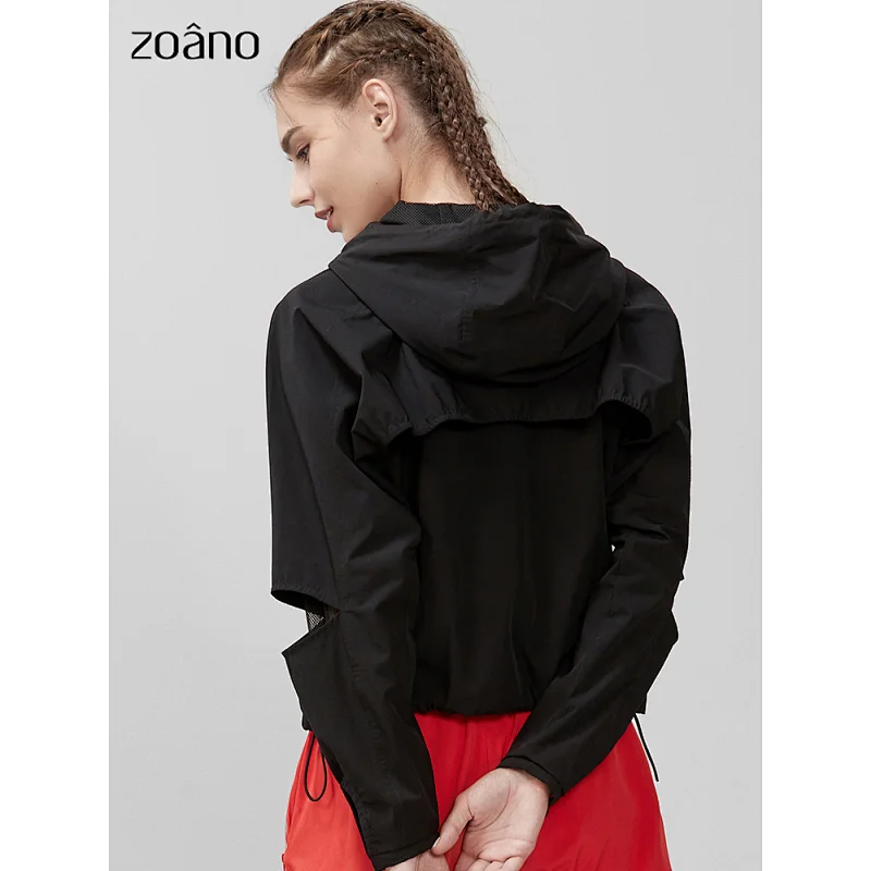 Women's lightweight solid color large casual sports fashion stitching hollow open zipper jacket