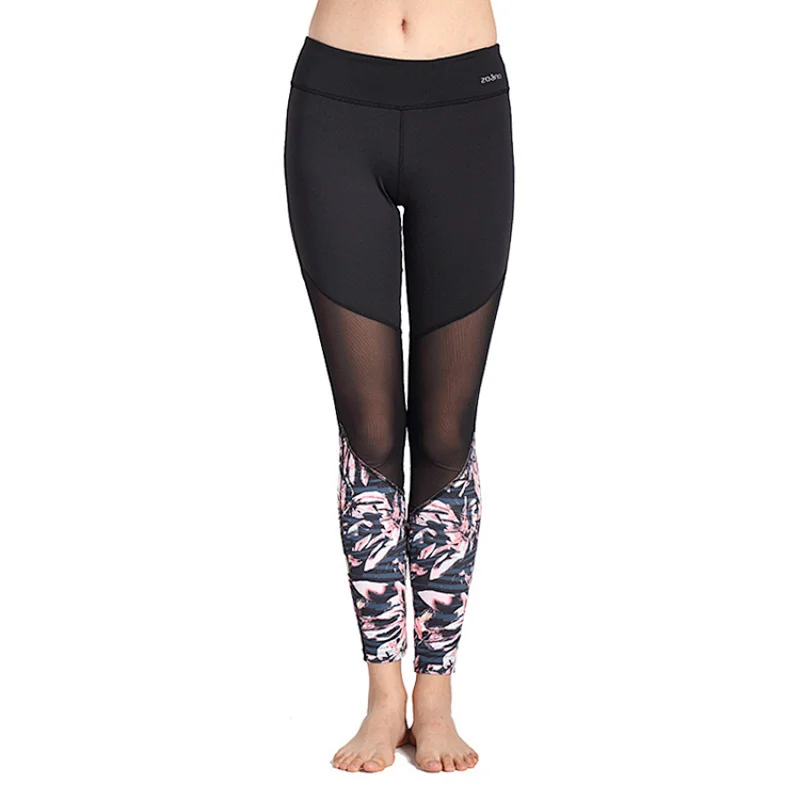 Mid waist waist  mesh stitching yoga leggings slim fit sexy printed yoga pants