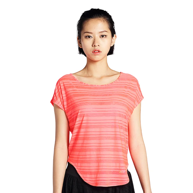 Wholesales loose t shirts for ladies running yoga fitness wear with stripe polyester solid color  sportswear