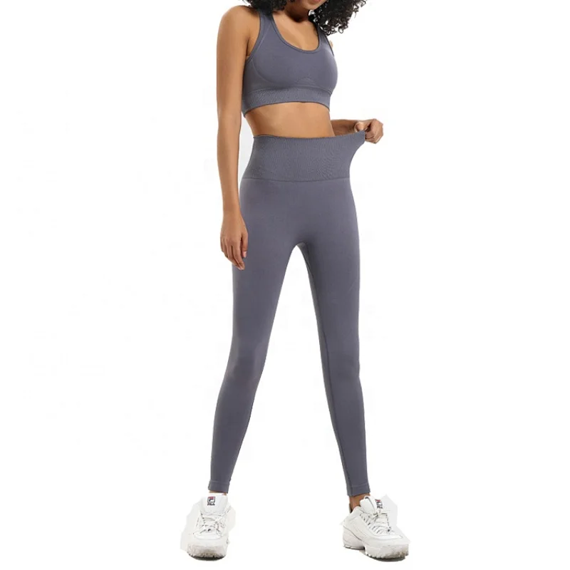 Women Active Wear Set Workout 2 Pieces High Waist Workout Pants Seamless Yoga Leggins with Sports Bra Gym Clothes Set