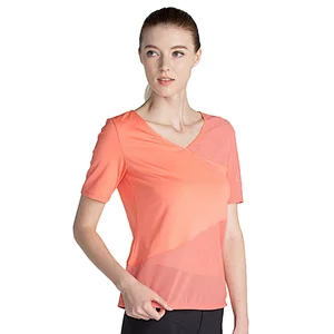 Women factory  dry fit tee v neck power mesh  breathable yoga gym active wear top for sports