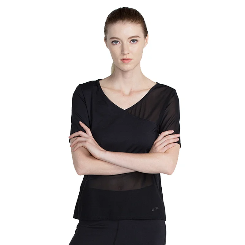 Women factory  dry fit tee v neck power mesh  breathable yoga gym active wear top for sports