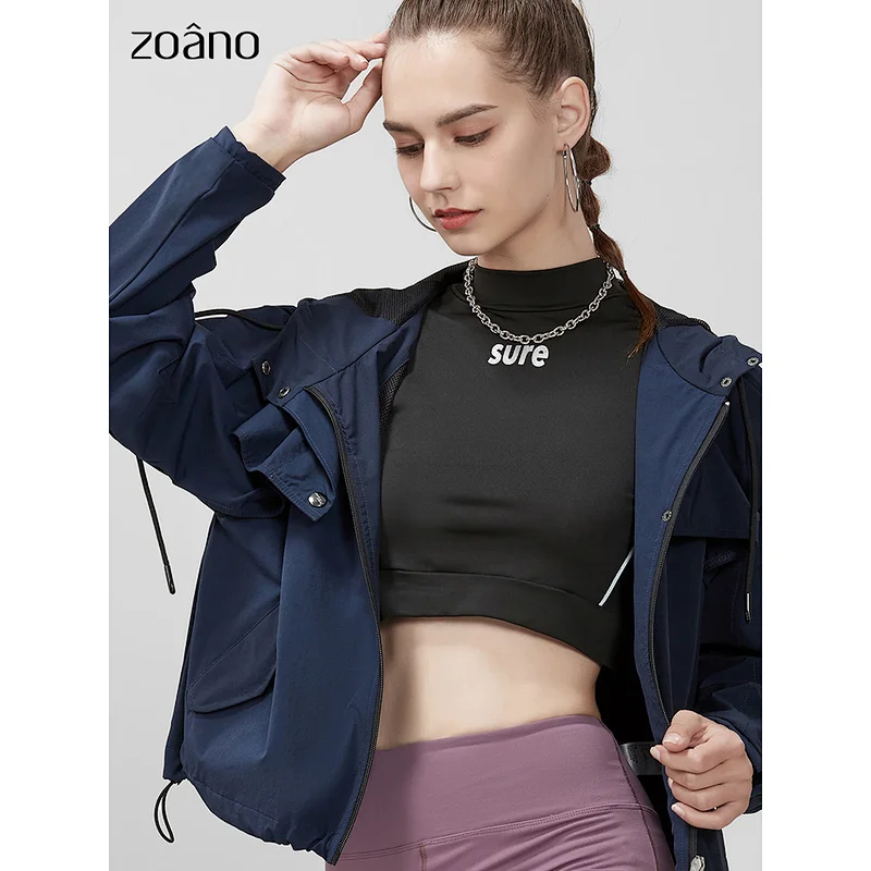 Women's lightweight solid color large casual sports fashion stitching hollow open zipper jacket