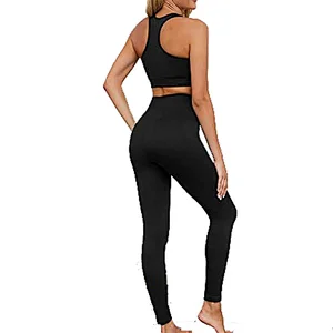 Women Active Wear Set Workout 2 Pieces High Waist Workout Pants Seamless Yoga Leggins with Sports Bra Gym Clothes Set