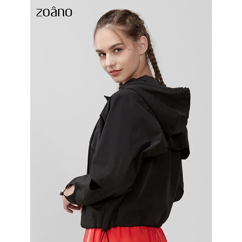 Women's lightweight solid color large casual sports fashion stitching hollow open zipper jacket