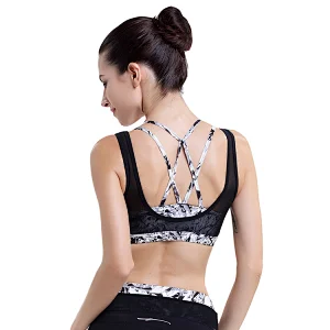 2020 sexy sublimated transparent yoga bra women spider net back Strap removable cup Sports Bra Set