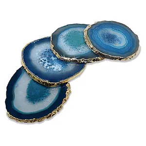 2020 new arrival amazon hotsale black blue nature agate slice coaster set with golden trim for drinking cup