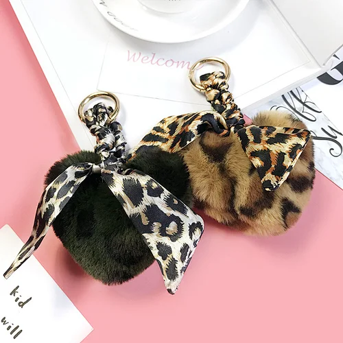 Creative fashion leopard love hair ball keychain palossand plush cc key chain key rings custom logo