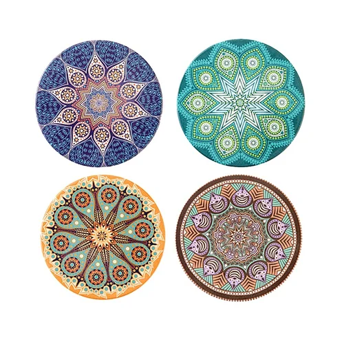 Absorbent Mandala Ceramic stone Coasters with Cork Base, Metal Holder Set for Birthday and Housewarming