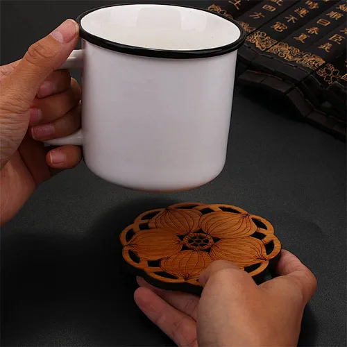 Lotus Shape Drink Coasters Mat Wooden Round Cup Table Mat Tea Coffee Mug Placemat Home Decoration Kitchen Accessories