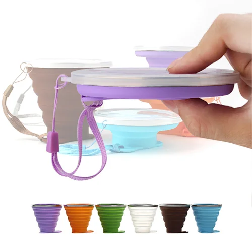 New 270ml 9 OZ Outdoor Retractable Travel Mini Portable coffee Silicone Folding collapsible Water cup With Lanyard Lid