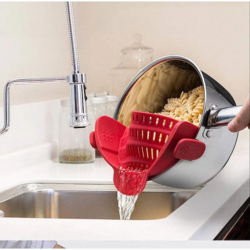 New hot universal design bpa free extremely durable easy two clips on all pots and bowl silicone strainer kitchen