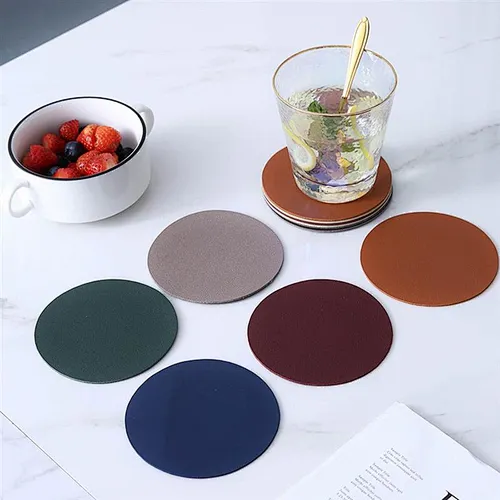 6pcs Faux Leather Coaster Waterproof Heat Resistant Round Cup Coaster Cup Mat Tableware Insulation Mat Bowl Placemat Home Decor