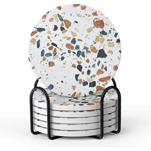 2022 fashion new arrival ceramics Marble-style Absorbent Coasters with Holder