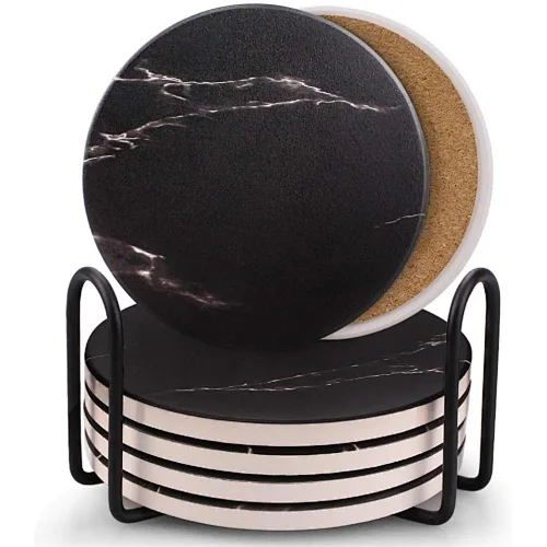 Marble Surface Pattern Cork Base Cups Place Mats for Drinks Ceramic Stone sublimation car Coasters Set with Metal Holder Stand,