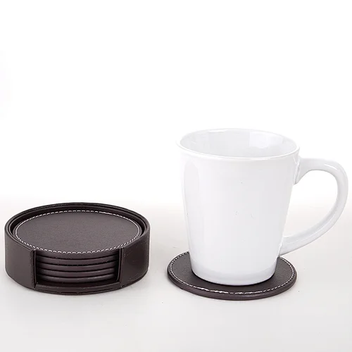 Bulk Cup China Supplier Custom round pu Leather coaster set with holder