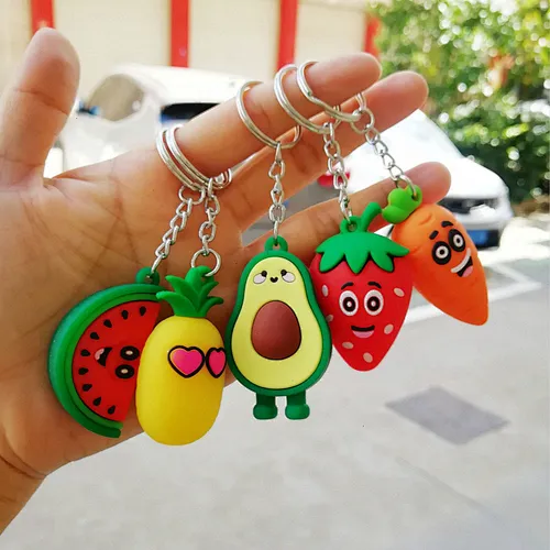Cartoon Fruits Keychain PVC Carrot Strawberry Pineapple Watermelon Keychain cute For Women Men Key Chain Car part Key Ring