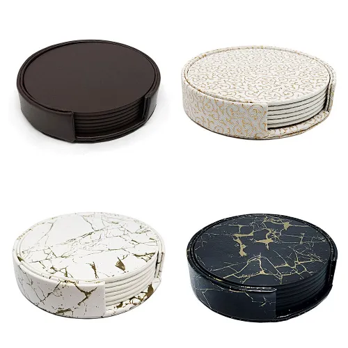 6pcs Non-slip Table Coaster Set Heat Resistant PU Leather Mat Drink Glass Black Coasters Kitchen Accessories Coffee Mug Placemat