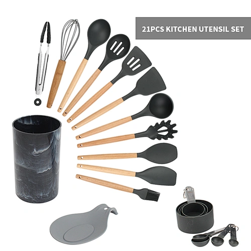 21pcs Kitchen Utensil Set Black Silicone Cooking Utensils Spatula Nonstick  Cookware Kit with Measuring Wooden Spoons Gadgets Tools