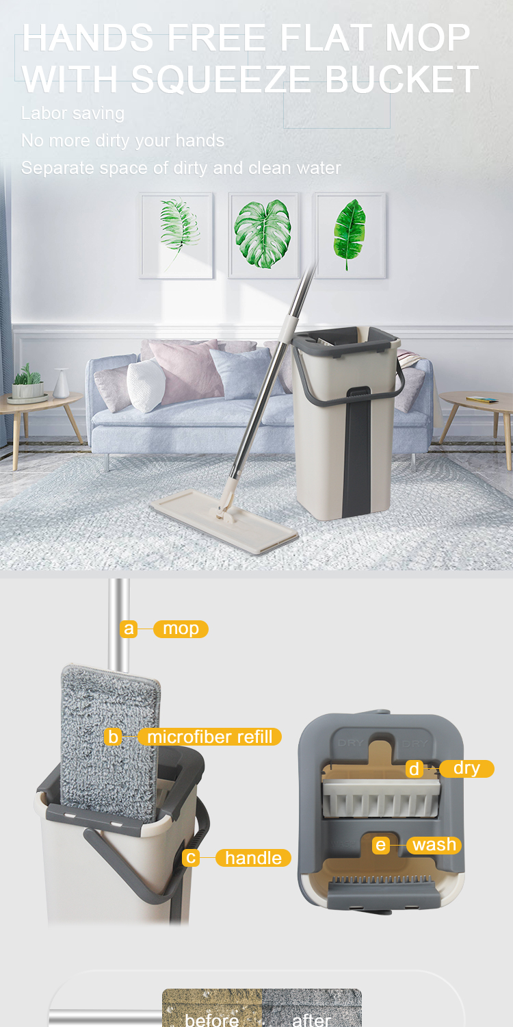 Magic self cleaning flat floor mop bucket hands free flat squeeze mop