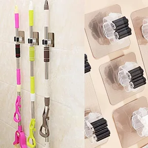 Mop Broom Holder, Wall Mounted Broom Clip Mop Grippers, Self-Adhesive No Drilling Mop Broom Racks, Super Anti-Slip Utility Hooks
