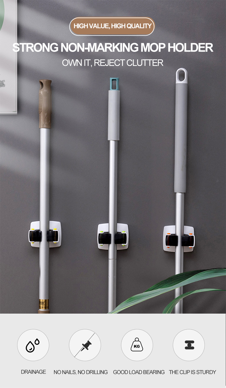 Bathroom kitchen Storage Broom and mop Holder Wall Mount, self-adhesive towel holder Super Anti-Slip Broom Hanger Mop Hook Racks