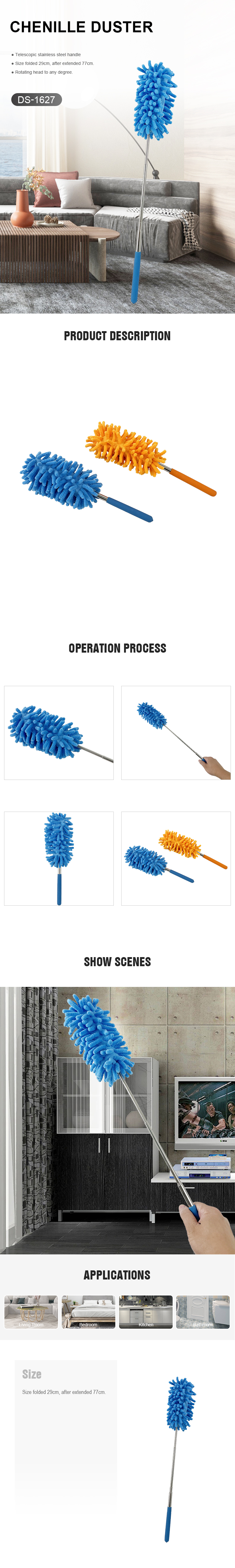Chenille Duster with Telescopic Extension Pole, Washable Dusters for Cleaning Ceiling Fan, High Ceiling, Cobweb, Blinds, Cars