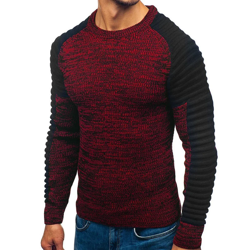 Round neck raglan sleeves striped pleated knit youth men's pullover sweaters