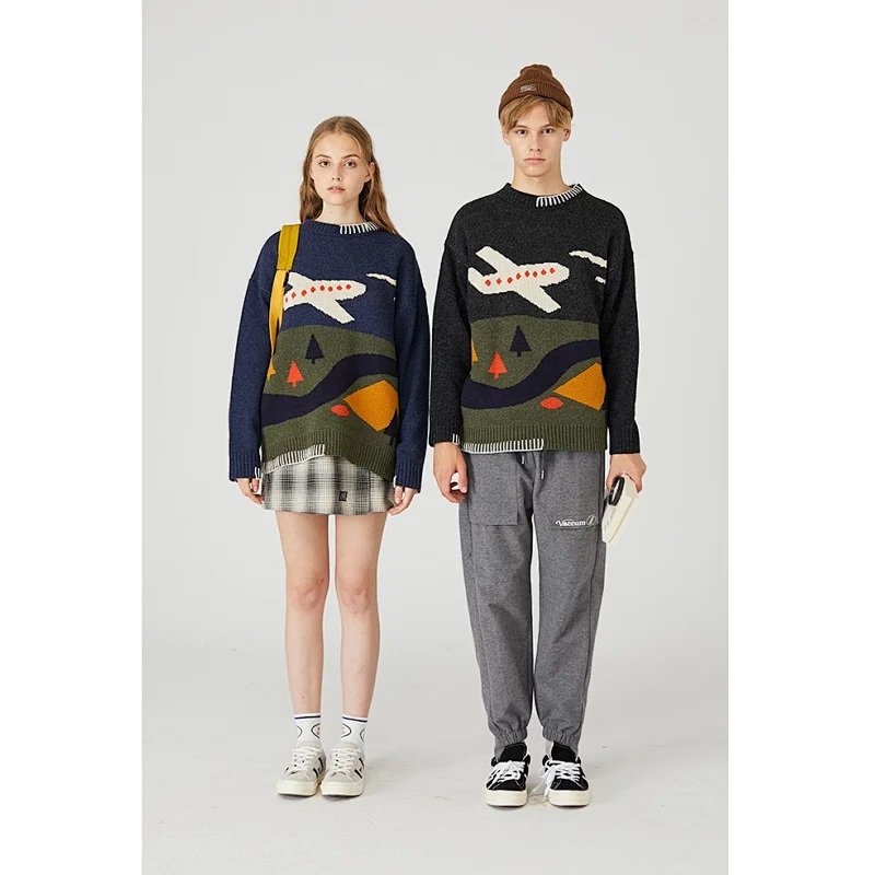 Color matching fashion cartoon plane pullover hoodie oem jacquard custom knit sweater for couples