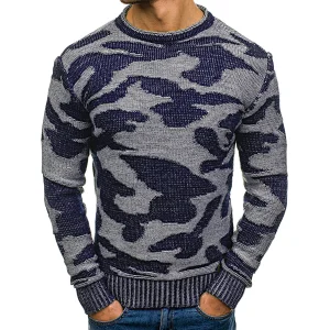 Fall/winter camouflage round neck pullover knit contrast color men printed sweaters