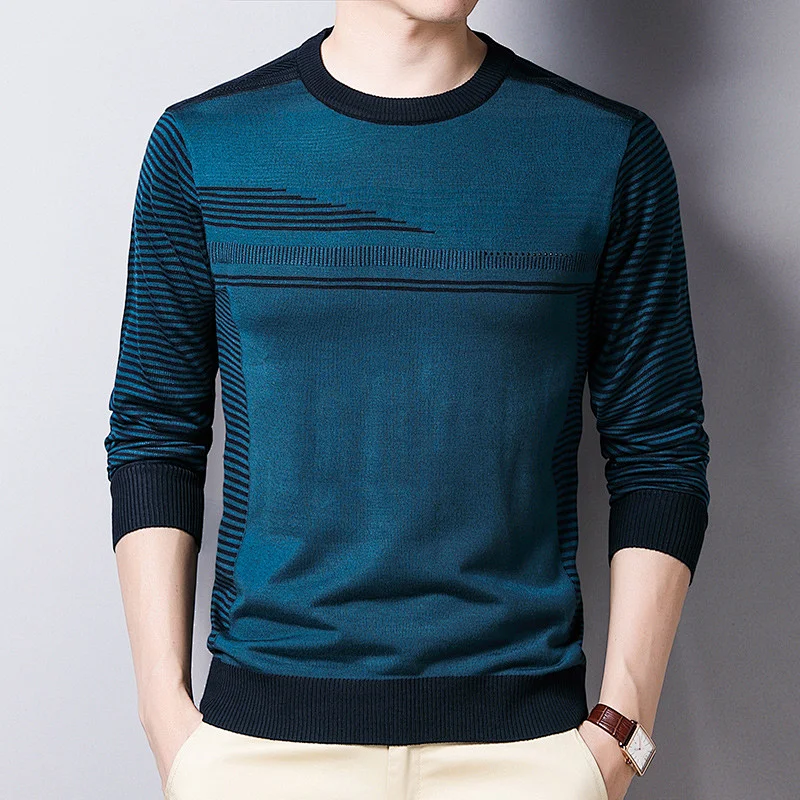 Men Fashion Striped Casual Sweater Autumn Winter Cotton Knitwear O Neck Pullover Shirt Men Thin basic sweater for men