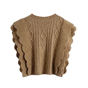 Ruffle Trims Armhole Cable custom plaid v neck argyle sweater vest women crop knitted oversize sweater vest