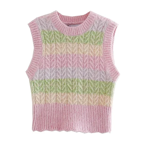 Sweet Fashion With Ribbed Trims Striped Women's Vest Sweater Vintage O Neck Sleeveless Chic Tops