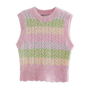 Sweet Fashion With Ribbed Trims Striped Women's Vest Sweater Vintage O Neck Sleeveless Chic Tops