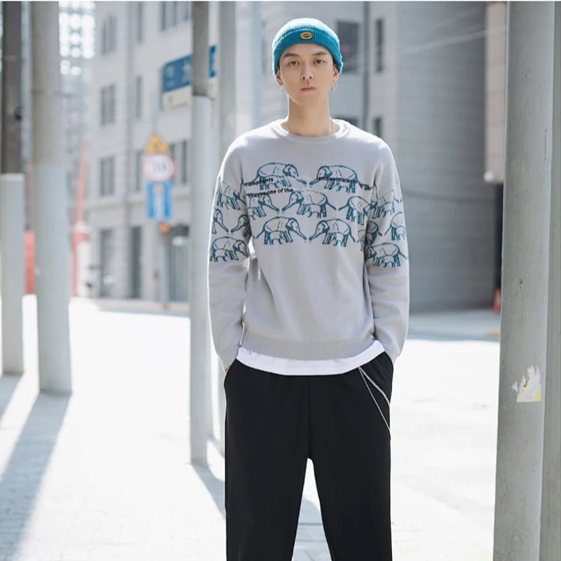 Mens custom winter clothes latest designer crewneck jacquard knitwear sweater long sleeve knitwear men sweaters