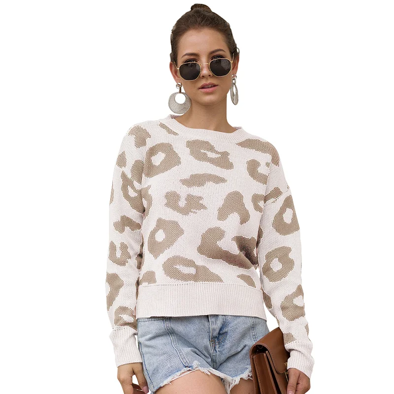 Leopard print round neck pullover long sleeve clothes women sweater