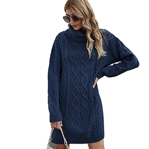 Long turtleneck sweater loose fashion casual  knitwear knitted dress for women
