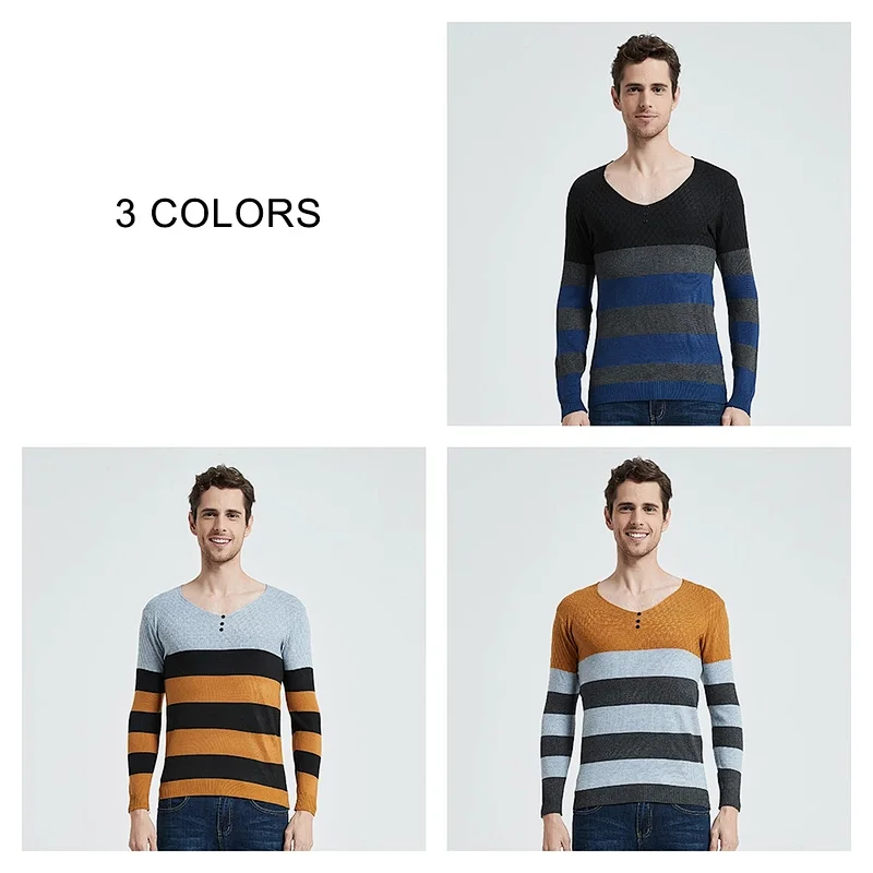 Men Casual Pullover Striped Button V-Neck Knitwear Shirt jumper Winter Cotton Men Jersey basic Sweater