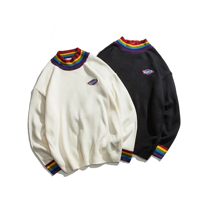 Unisex high collar oversize knitted sweater with logo custom embroidery men korean loose knitted sweater