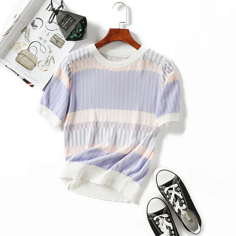 Summer thin sweater women's T-shirt round neck knit striped casual shirt knitted blouse
