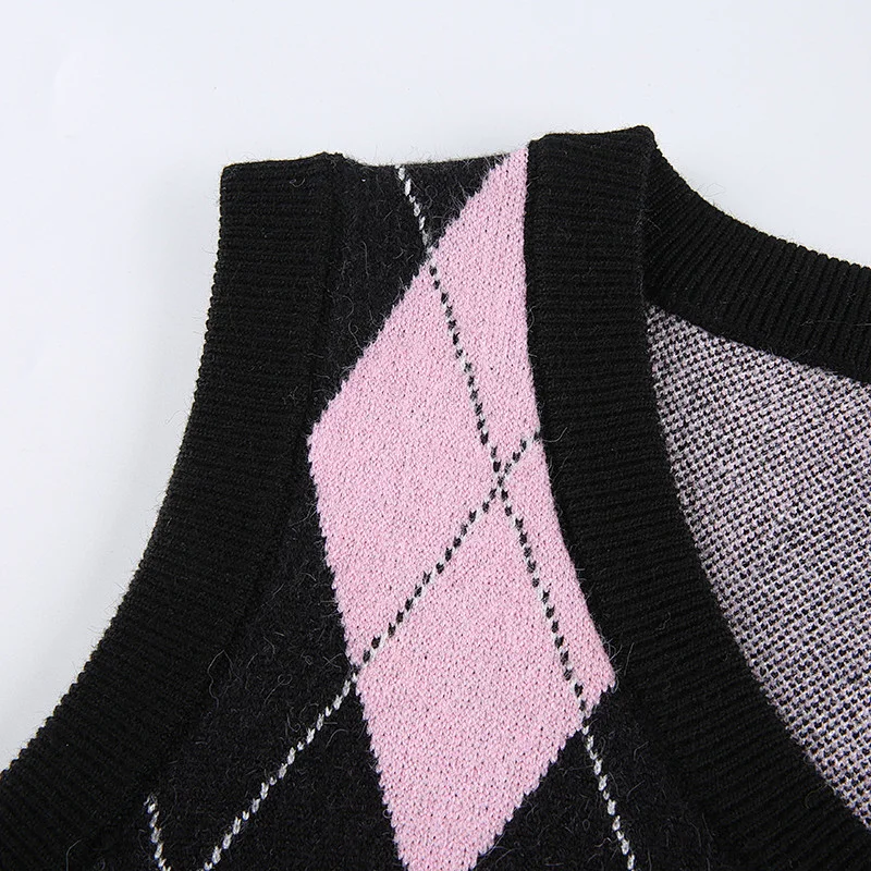 Courtyard diamond plaid jumpers sweater shirt short cropped top women's vest sweater