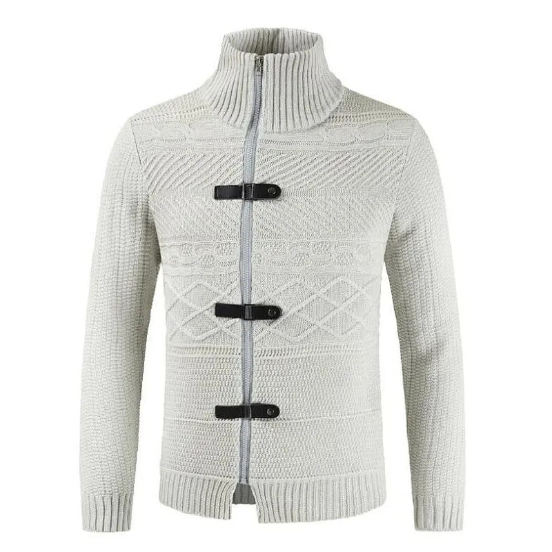 New Knitted Coatdigan Leather Button Neck Long Sleeve Cardigan Men Sweaters